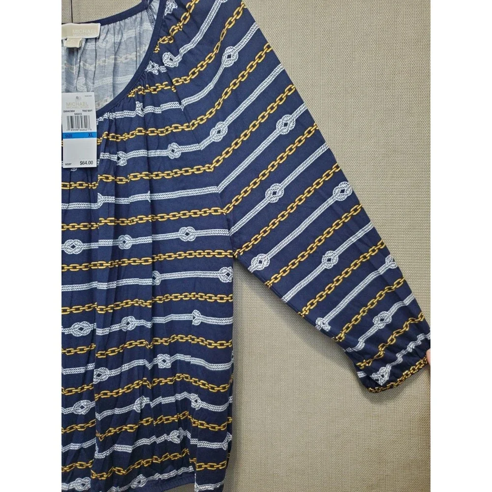 Michael Kors Cotton Blend Rope Chain Print Knit Scoop Neck Blouse Size XL NWT